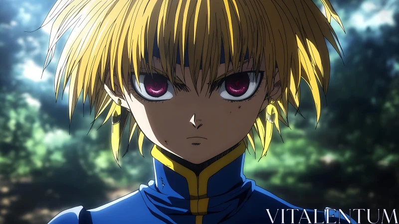 Determined anime hero with glowing eyes in forest light.