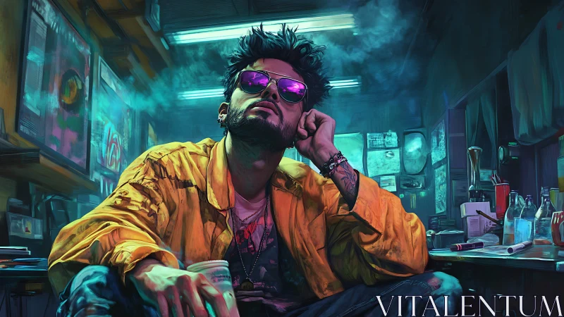 Moody cyberpunk man in neon lit smoky workspace scene.
