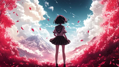 Dreamy schoolgirl gazes toward bright mountain horizon