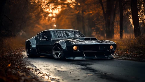Bold custom muscle car glides through a quiet autumn road