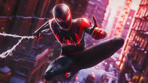 Masked superhero swings over city with confident thumbs up.