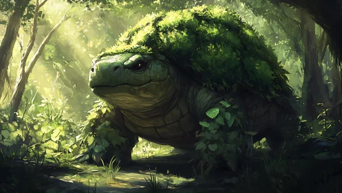 Forest megatortoise with photosynthetic moss-carapace symbiosis.