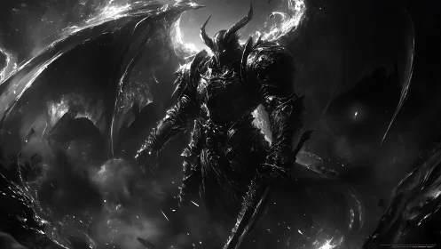 Hellforged demon warlord in burning monochrome void.
