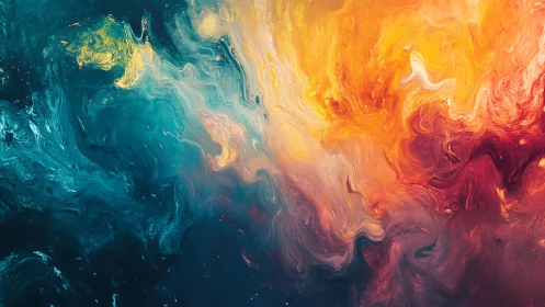 Swirling fluid dynamics of teal and fiery gradient pigments collide