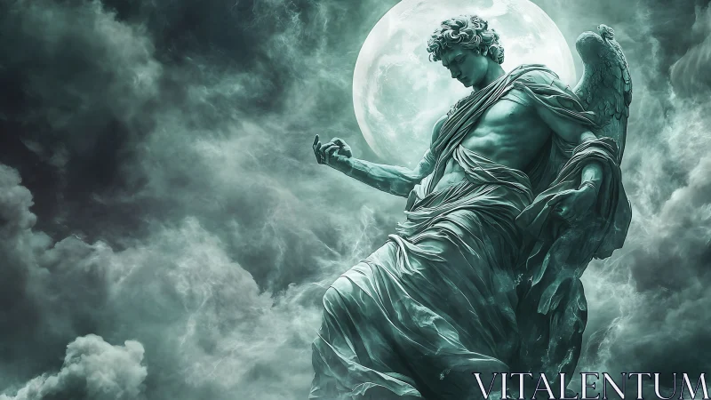 Moonlit marble angel descends through stormlit clouds.