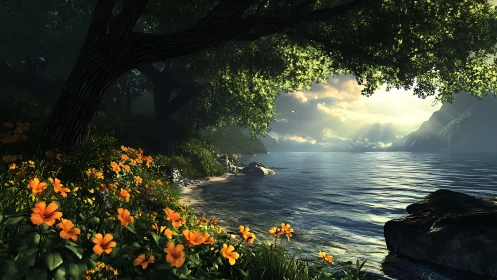 Sunlit lakeside clearing frames distant glowing horizon