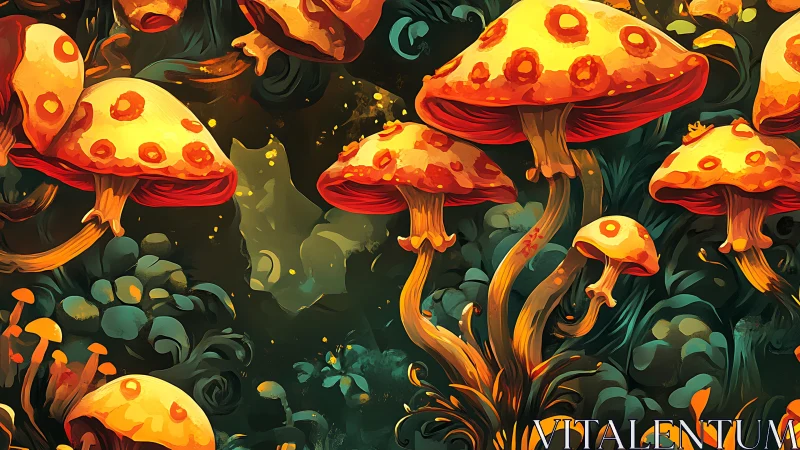 Glowing orange mushrooms in dense stylized forest scene.