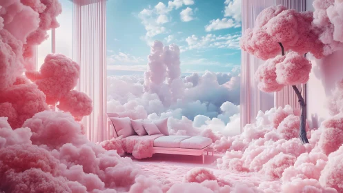 Dreamlike cloud bedroom floating in pink pastel sanctuary.