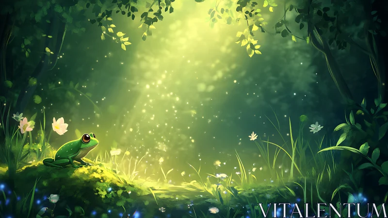 Green frog sits on mossy forest clearing under glowing light