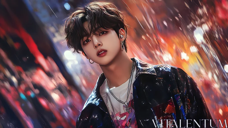 Youthful figure in reflective jacket against blurred lights.