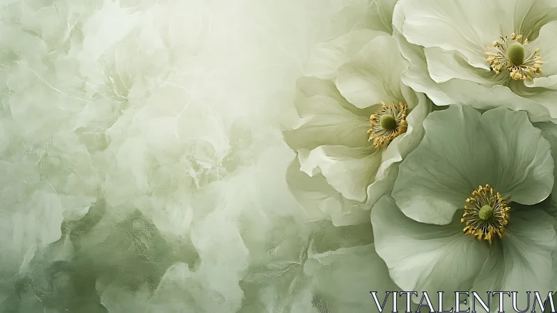 White Peonies with Gold Stamen on Soft Green Base.