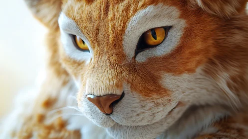 Close-up portrait of ginger and white cat with amber eyes.