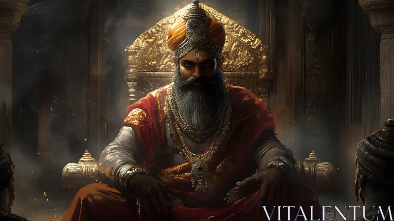 Regal warrior king broods on a golden throne in smoky dusk