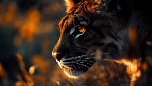 Tiger profile in warm low light with sharp amber gaze.