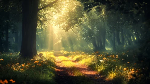 Sunlit Forest Path with Wildflowers in Dreamy Morning Light.