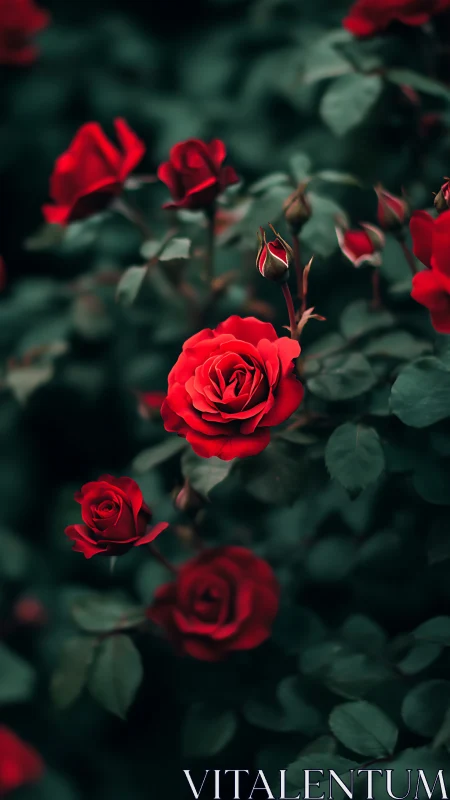Crimson Roses Dance Against Moody Emerald Garden Shadow