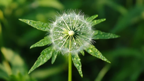 Dandelion seed head holds crystal dew drops in soft sunlight.