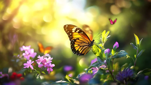 Sunlit monarch butterfly hovering over vivid garden blooms.