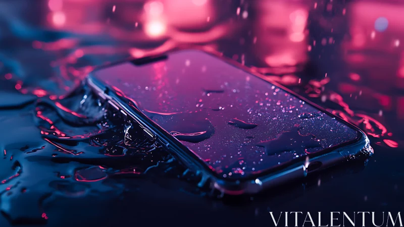 Smartphone lying in shallow water under neon lighting.