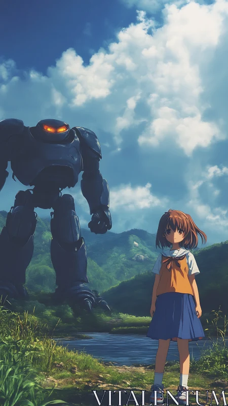 Summer-uniform girl quietly outstares her looming robot guardian