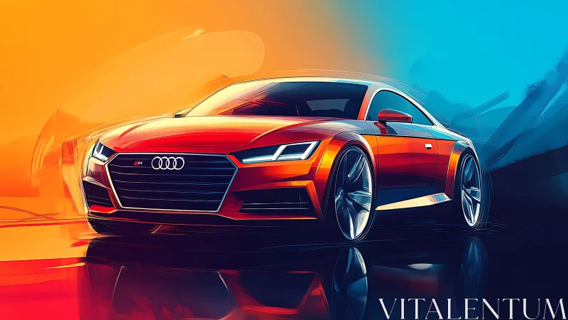 Crimson sports coupe gliding through neon sunset hues.