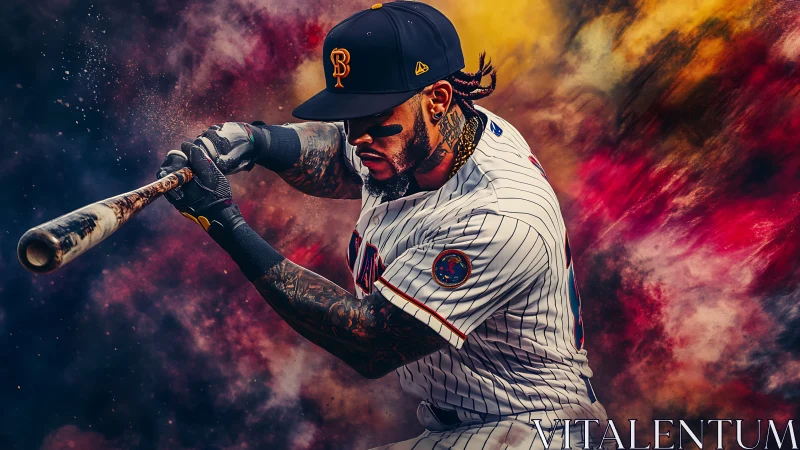 Baseball slugger swings bat amid explosive color clouds