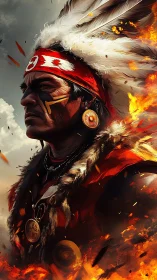 Warrior chief portrait framed by firelit feathers.