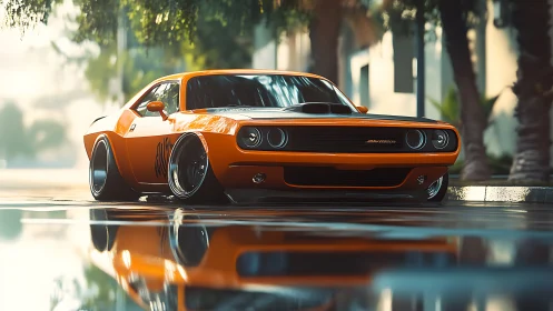 Muscle car prowls sunrise streets, mirrored in slick pavement