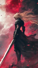 Storm-lit warrior stands tall with flowing hair and blade drawn