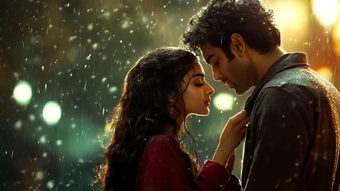 Couple in rain with urban lighting - romantic encounter scene