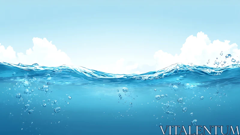 Crystal blue ocean surface with rising bubbles in sunlight.