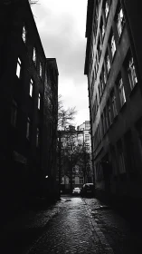 Narrow cobblestone alley between tall city buildings at dusk.