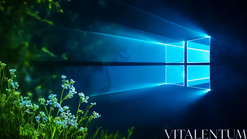 Windows logo light beams with foreground wildflowers.