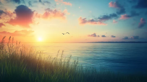 Coastal sunrise gradient over still water with silhouetted reeds.