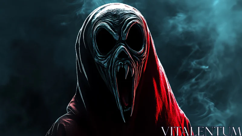 Hooded alien wraith unveiling fanged horror in smoke.