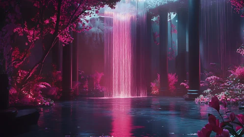Glowing pink waterfall pours softly into a tranquil dream pool