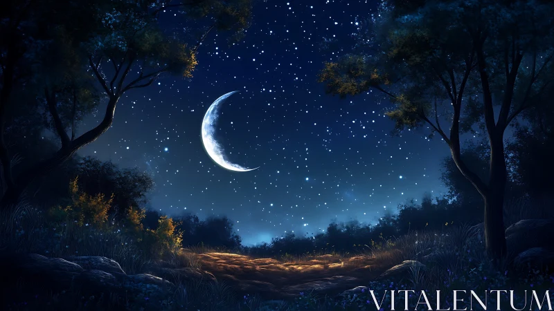 Crescent moon illuminates forest clearing under dense starfield