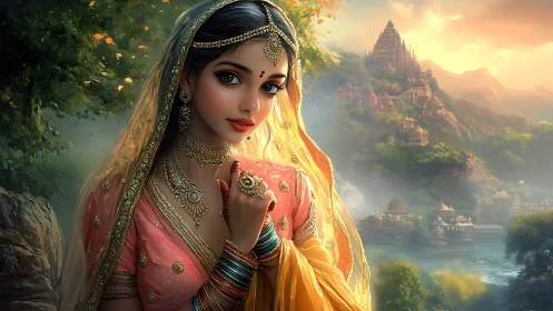 Regal Indian bride in ornate sari before luminous hill temple