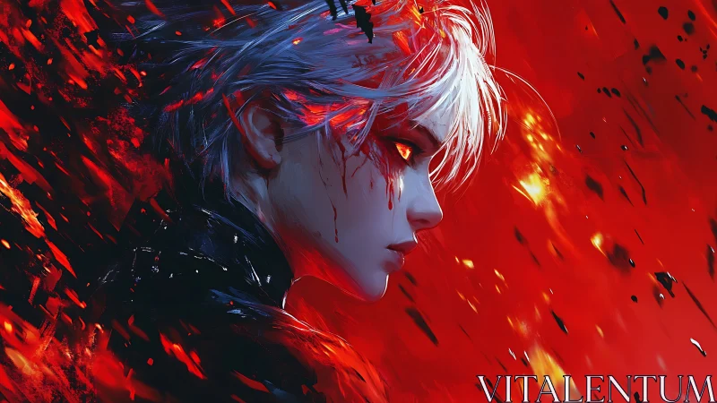 Fiery cybernetic warrior in crimson inferno profile portrait.