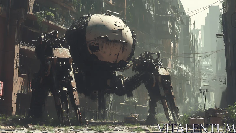 Giant four-legged combat mech in ruined city street.