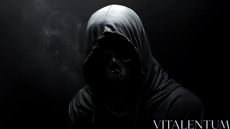 Hooded skeletal figure in dark, low-key lighting profile.