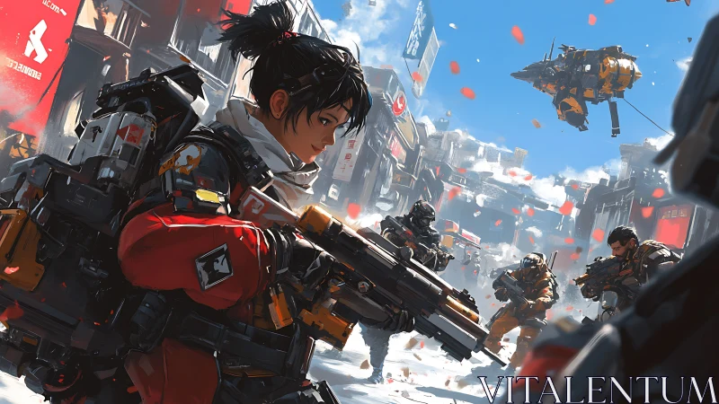 Futuristic urban squad advances under drifting red petals.