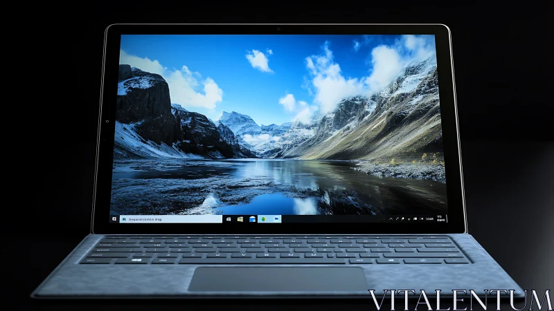 High contrast tablet-laptop hybrid with vivid alpine landscape