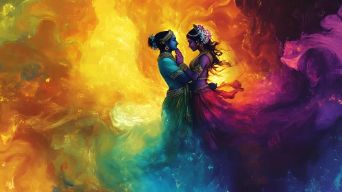 Radiant divine lovers surrounded by swirling cosmic colors.