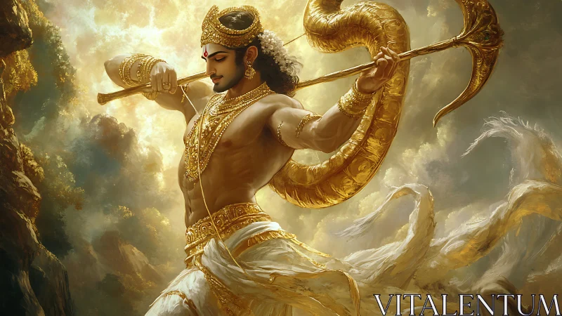 Mythic archer in dynamic golden vortex of divine motion.