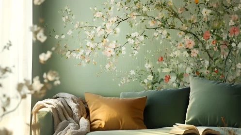 Soft green sofa beneath floral mural in sunlit living room