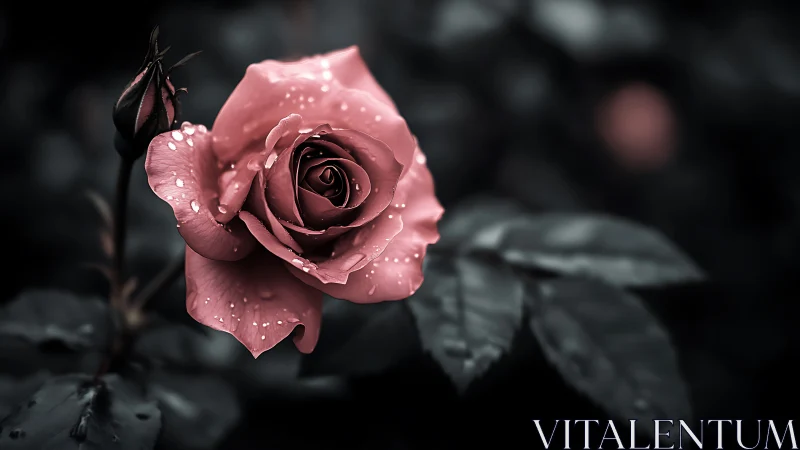 Close-up of pink rose with water droplets on petals.