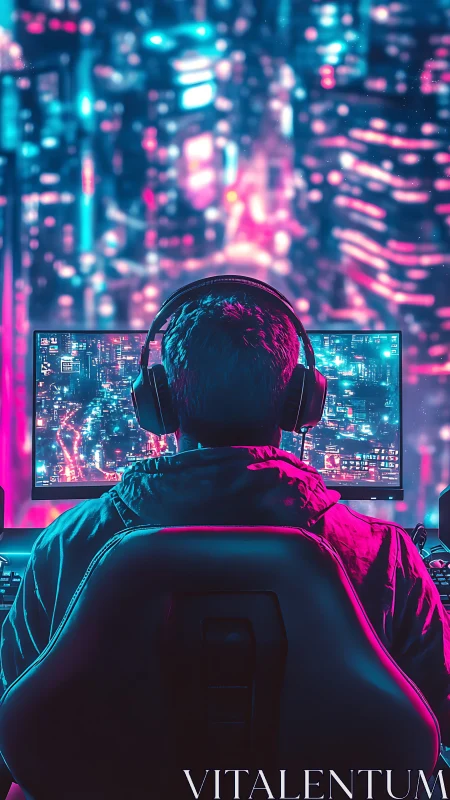Gamer at neon city desk immersed in a glowing nightscape.