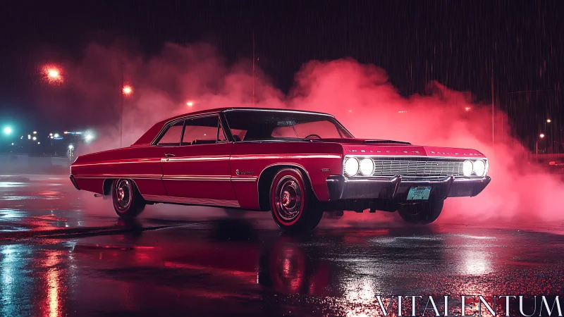 Classic red muscle car glows through neon mist at night