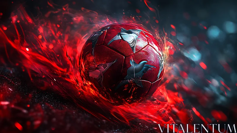Red leather soccer ball with metallic fish reliefs in liquid fire